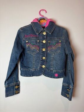 Apple Bottoms Girls' Dark Blue Denim Jacket with Pink Hood Size Small